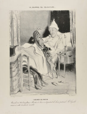 7 Heures du Matin. Réveil de Mr. Coquelet. Minette et Azor se disputent le baiser paternel: Mr. Coquelet sourit à cette touchante rivalité.