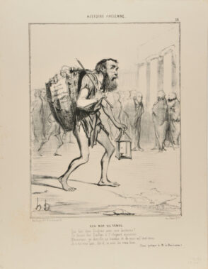Bon Mot Du Temps. / Que fait donc Diogène avec une lanterne? / Se disait des Dandys à l’élégant maintien. / Messieurs, je cherche un homme, et de mon oeil lent-terne. / Je n’en vois pas, dit -il; ce mot les vexa bien / (Essai poétique de M. de Rambuteau).