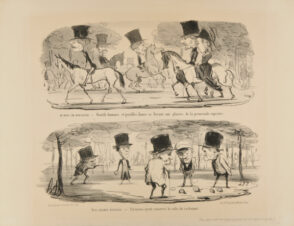 Au Bois de Boulogne.- Gentils hommes et gentilles dames se livrant aux plaisirs de la promenade équestre. — Aus Champs-Élysées. – Parisiens ayant conservé le culte du cochonnet.