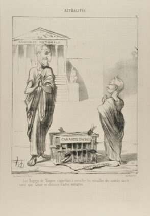 Les Augures de l’Empire s’apprêtant à consulter les entrailles des canards sacrés avant que César ne choisisse d’autres ministres.