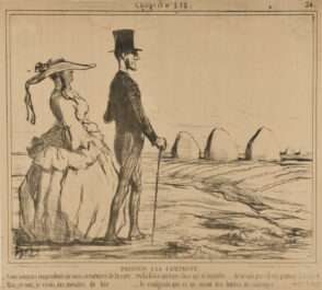 Parisiens à la Campagne. – Nous sommes imprudents de nous aventurer de la sorte….. voilà là-bas quelque chose qui m’inquiète….. je ne sais pas s’il est prudent d’avancer…. – Mais, ce sont, je crois, des meules de blé….. – Je craignais que ce ne soient des huttes de sauvages!…..