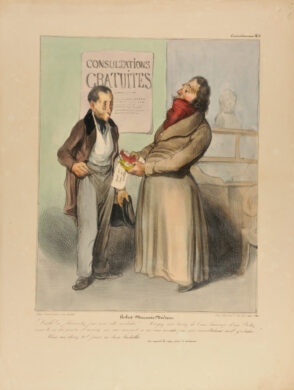 Robert-Macaire Médecin. Diable ! ne plaisantez pas avec cette maladie !…. Croyez moi, buvez de l’eau, beaucoup d’eau. Frottez-vous les os des jambes et revenez me voir souvent, ça ne vous ruinera pas mes consultations sont gratuites……… Vous me devez 20 f pour ces deux bouteilles. On reprend le verre pour 10 centimes.