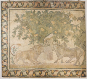 Fragment of floor mosaic depicting a lion and a humped ox