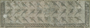 Fragment of floor mosaic depicting beribboned parrots