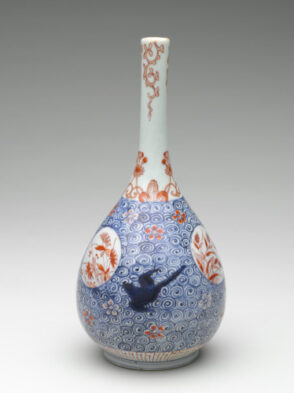 Sake Bottle Decorated with Floral Roundels, Swallows and Blossoms on Waves