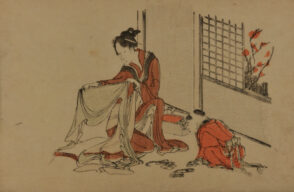 Woman Sewing beside Kneeling Child
