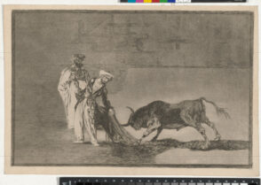 Los moros hacen otro capeo en plaza con su alborez (The Moors make a different play in the ring calling the bull with their burnous)