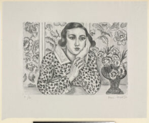 Girl Leaning on Elbows with Flowered Screen