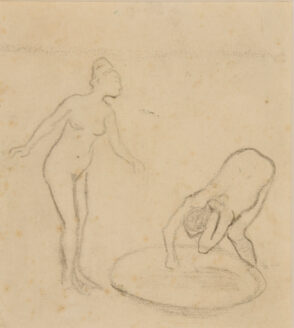 Two Nudes, One Crouching over Bathtub