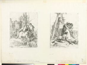 A Magician Seated and Looking at Skulls (left); The Head of a Man on a Pile of Twigs (right)