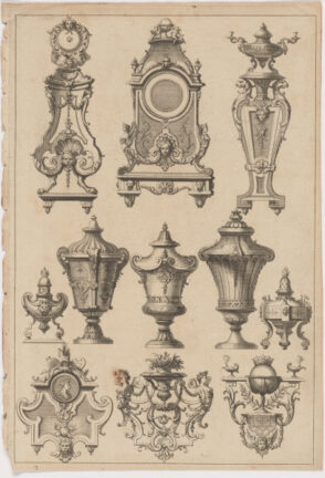 Portes a horloges, cartouches, vases et pendules