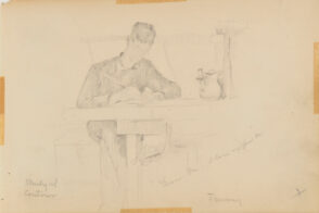 Sketch from a Camping Trip on the Lower Susquehanna in 1887 (study of a man seated at a table writing a letter. Inscribed: ‘Dear Pa – I take my pen/Tommy/Study in Contour’ Portrait of Thomas C. Corner