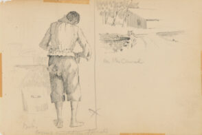 Sketch from a Camping Trip on the Lower Susquehanna in 1887 (right: full length study of a young man, back view, standing; left: building, 4 trees, and bridge over canal). Inscribed: ‘Bob, comic condition of pants/on the Canal’
