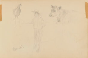 Sketch from a Camping Trip on the Lower Susquehanna in 1887 (sketch of a chicken, a man, and a cow). Inscribed: ‘Burts’