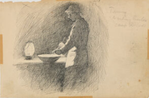 Sketch from a Camping Trip on the Lower Susquehanna in 1887 (study of a man standing washing brushes, by lantern light). Inscribed: ‘Tommy Washing Brushes Camp Roberts.’