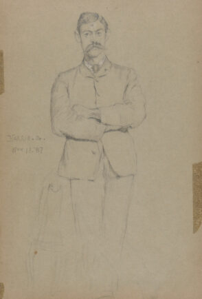 Sketch from a Camping Trip on the Lower Susquehanna in 1887 (3/4 length portrait of a man, standing with arms folded). Inscribed: ‘Harris Sr -/Nov. 11 – ’87.’
