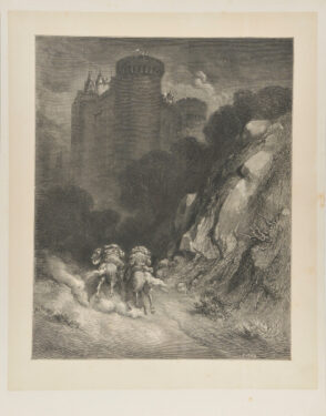 Two Men Riding Towards a Castle