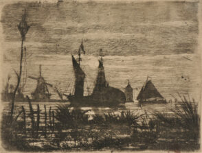 Landscape with boats and windmill by moonlight