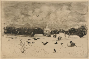 Paysage de neige aux corbeaux, deux personnages roulent une boule de neige