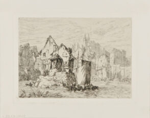 Harbor of a small town with church spires in the backgrd