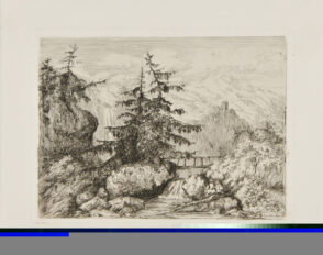 Landscape with pine trees near a bridge over a river and a castle in the background