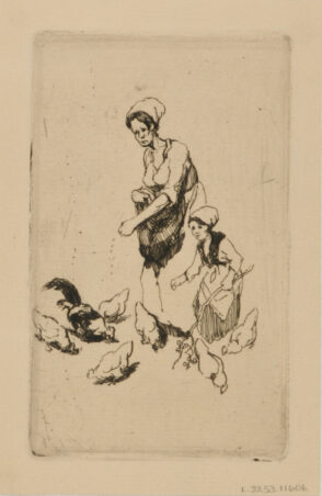 Sketch Plate with Woman Feeding Chickens