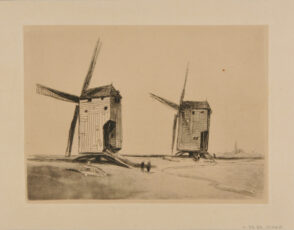 Two WIndmills with Village Spire in the Background