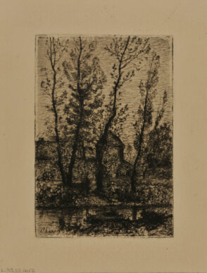 Landscape: Trees beside a River with Turreted Building in the Background