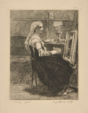 L’Atelier de Corot: Jeune femme en robe de velours noir assise devant un chevalet, un livre à la main