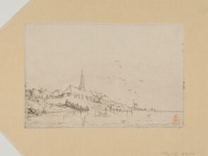 Village avec église au bord de la mer