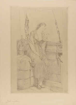 Woman leaning on the side of a boat, looking to shore