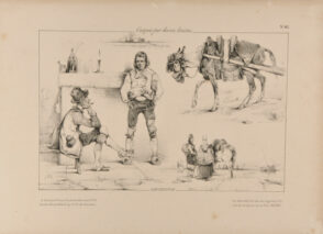 Sheet of Studies: Men in Front of a Fireplace, Harnessed Donkey, Women by the Sea etc.