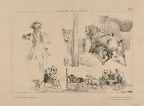Croquis par divers Artistes: No. 60: Man on Horseback; Horse Rebelling, Two Carriages
