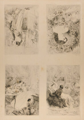 Frontispiece and three illustrations to “Les Aventures de Mademoiselle Mariette” by Champfleury
