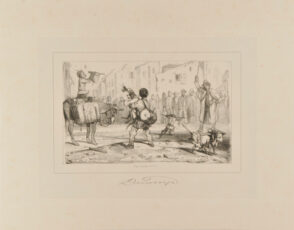 Travelling performer with monkeys and dogs in a town center