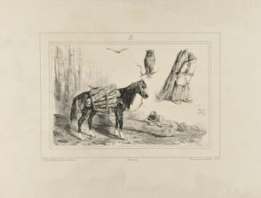 Sketches of man sleeping on a log near his horse, an owl, and a woman carrying a bundle of wood