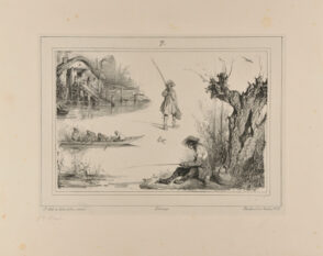Sketches of a fishing cabin and fishermen