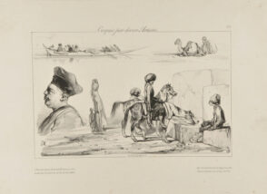 Sketches of a Turkish boat, camels, horses at a well, and Turkish figures