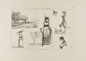 Sketches of a chalet, goat, man smoking pipe, and Swiss women