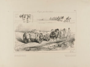 Sketches of tow horses, men hauling a boat, and horses pulling a cart