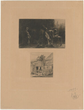 Enfants en prière; Charrete près d’une maison