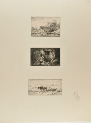Paysage: Masures; Porte de ferme; Paysage: Charrue attelée au repos