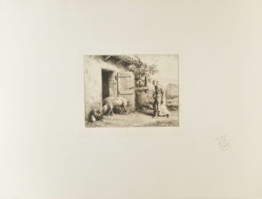 Femme faisant rentrer des porcs dans une porcherie