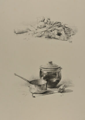 Onions and carrots, two pots and a ladle