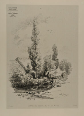 Woman washing clothes in a river near a cottage surrounded by trees