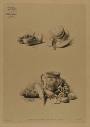 Wooden shoes and a hat, vegetables and a jug