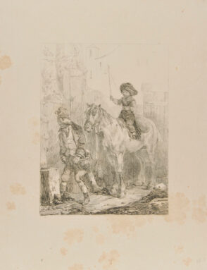 Man leading child on horseback