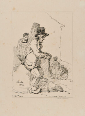 Man carrying child in basket on his back