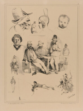 Sheet of sketches: Men drinking in the center