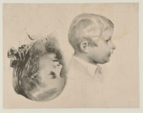 Sheet of two sketches: girl in profile; boy in profile